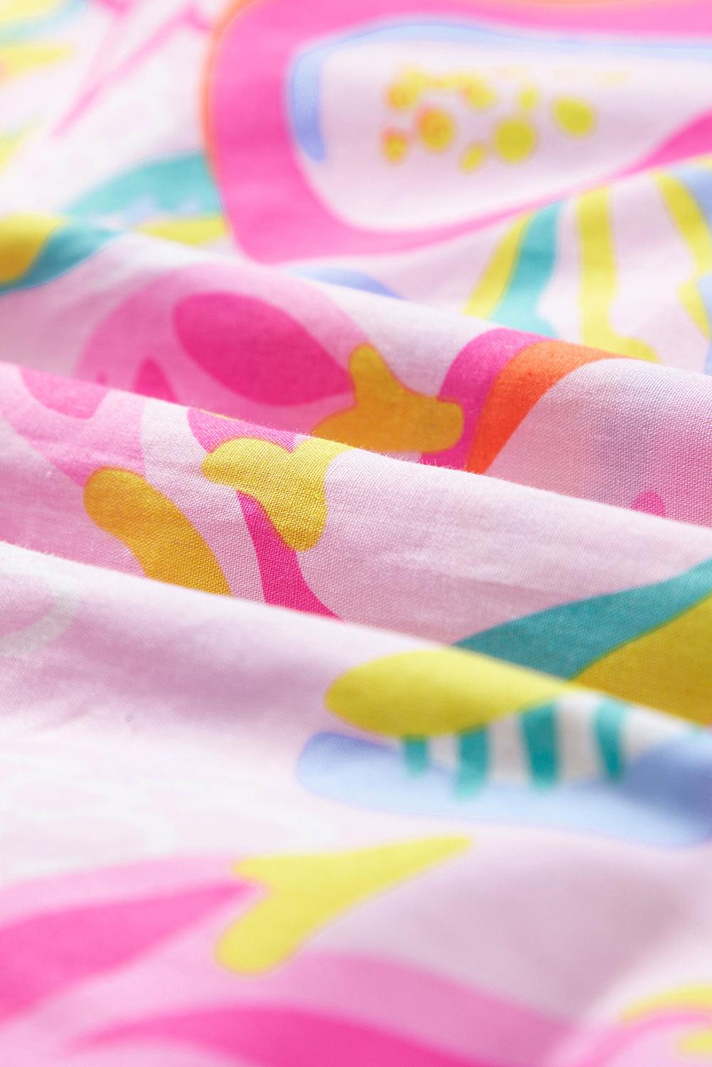 Abstracte Bloemenprint Ruffle Jurk met Knoopjes - Mini Dresses - Jurkjes.co