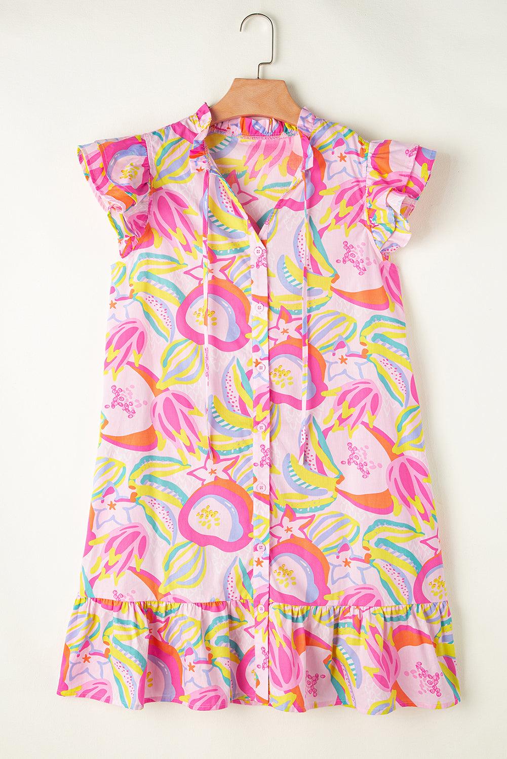 Abstracte Bloemenprint Ruffle Jurk met Knoopjes - Mini Dresses - Jurkjes.co