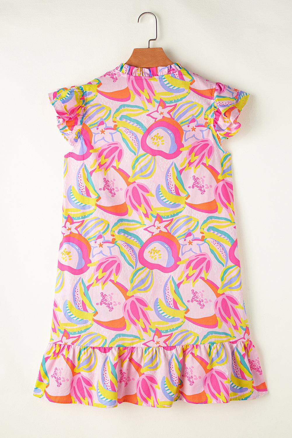 Abstracte Bloemenprint Ruffle Jurk met Knoopjes - Mini Dresses - Jurkjes.co