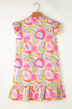 Abstracte Bloemenprint Ruffle Jurk met Knoopjes - Mini Dresses - Jurkjes.co