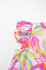 Abstracte Bloemenprint Ruffle Jurk met Knoopjes - Mini Dresses - Jurkjes.co