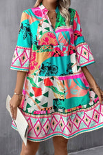 Abstracte Mini Jurk met Halve Mouwen en Notch Hals - Mini Dresses - Jurkjes.co