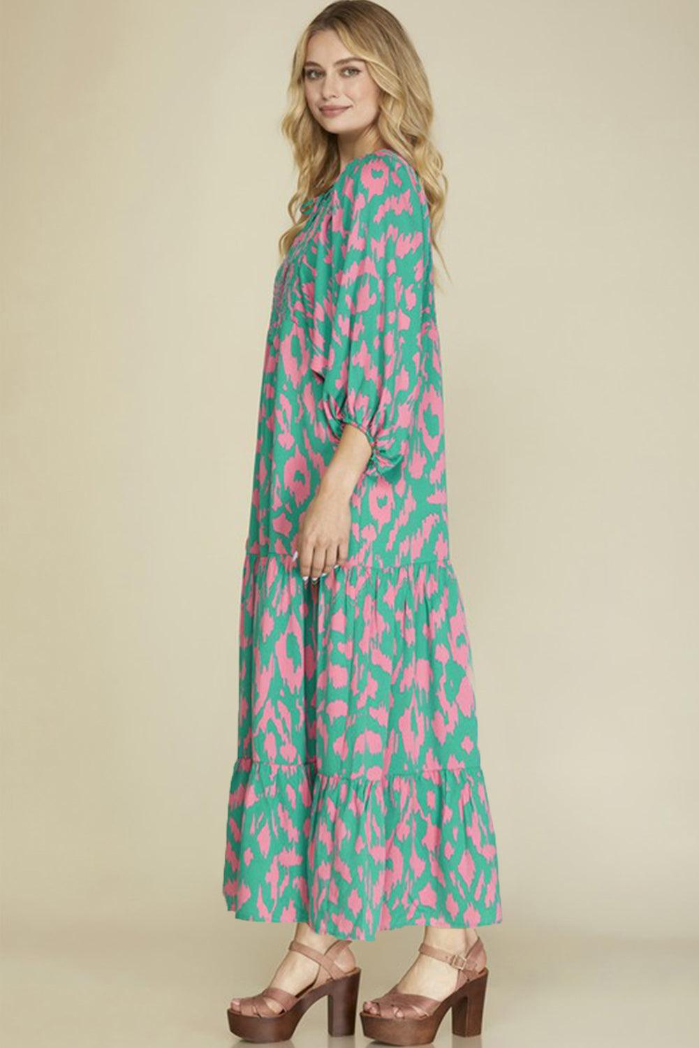 Abstracte Print Jurk met Puff Mouw en Strik - Maxi Dresses - Jurkjes.co