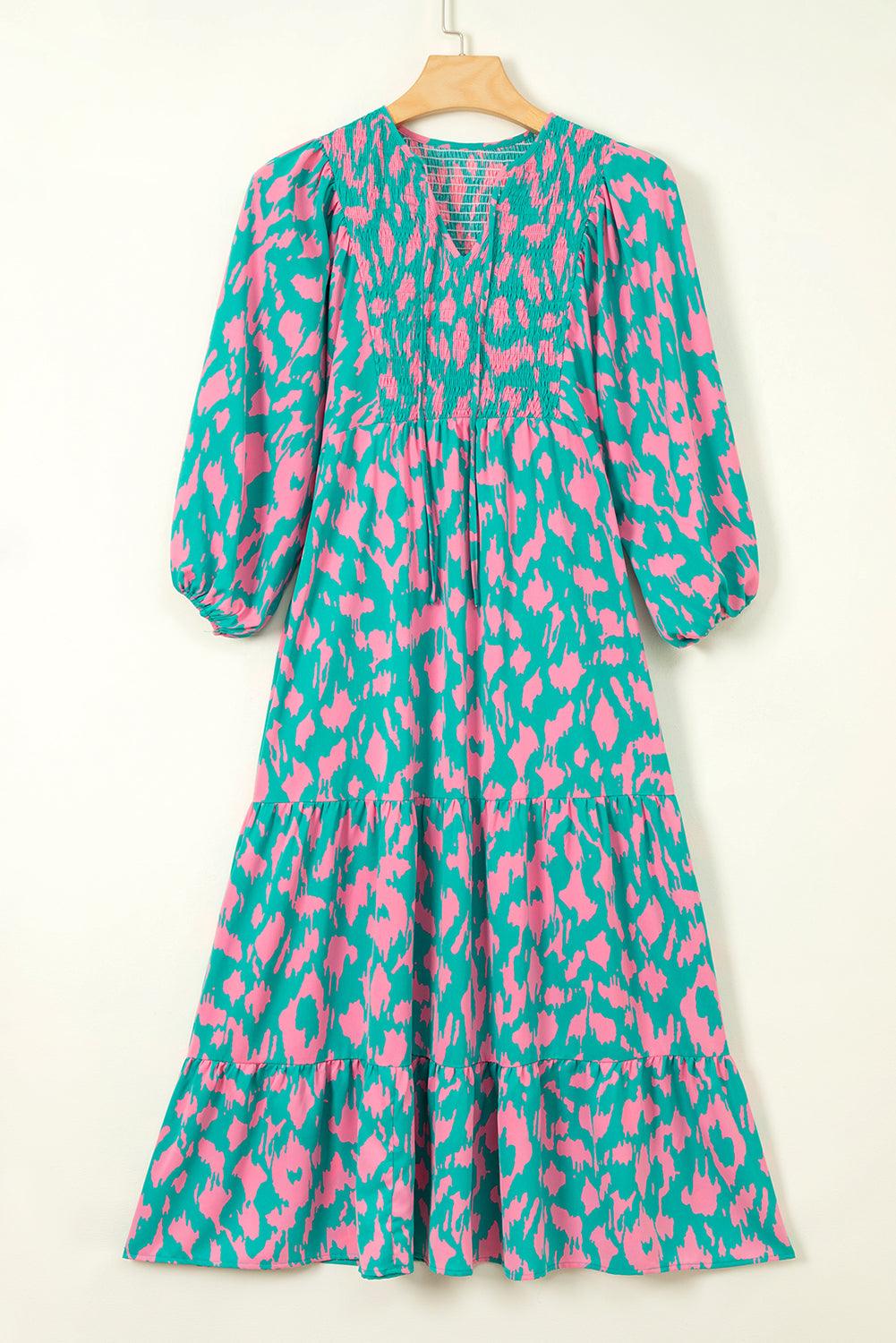 Abstracte Print Jurk met Puff Mouw en Strik - Maxi Dresses - Jurkjes.co