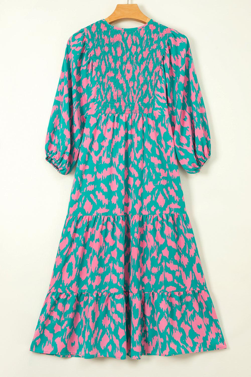 Abstracte Print Jurk met Puff Mouw en Strik - Maxi Dresses - Jurkjes.co
