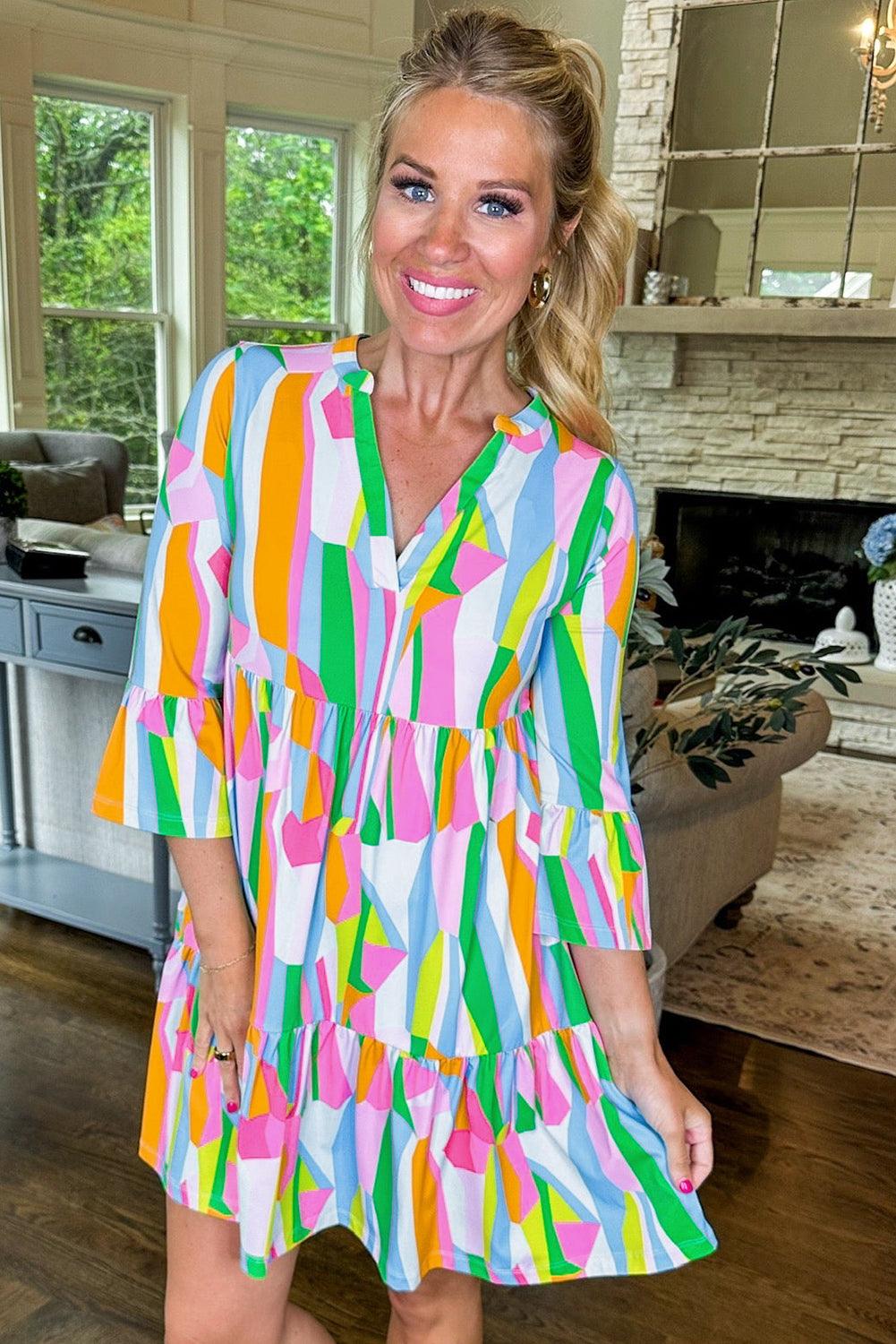 Abstracte Print Jurk met Ruches en V-Hals - Mini Dresses - Jurkjes.co