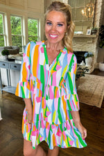 Abstracte Print Jurk met Ruches en V-Hals - Mini Dresses - Jurkjes.co