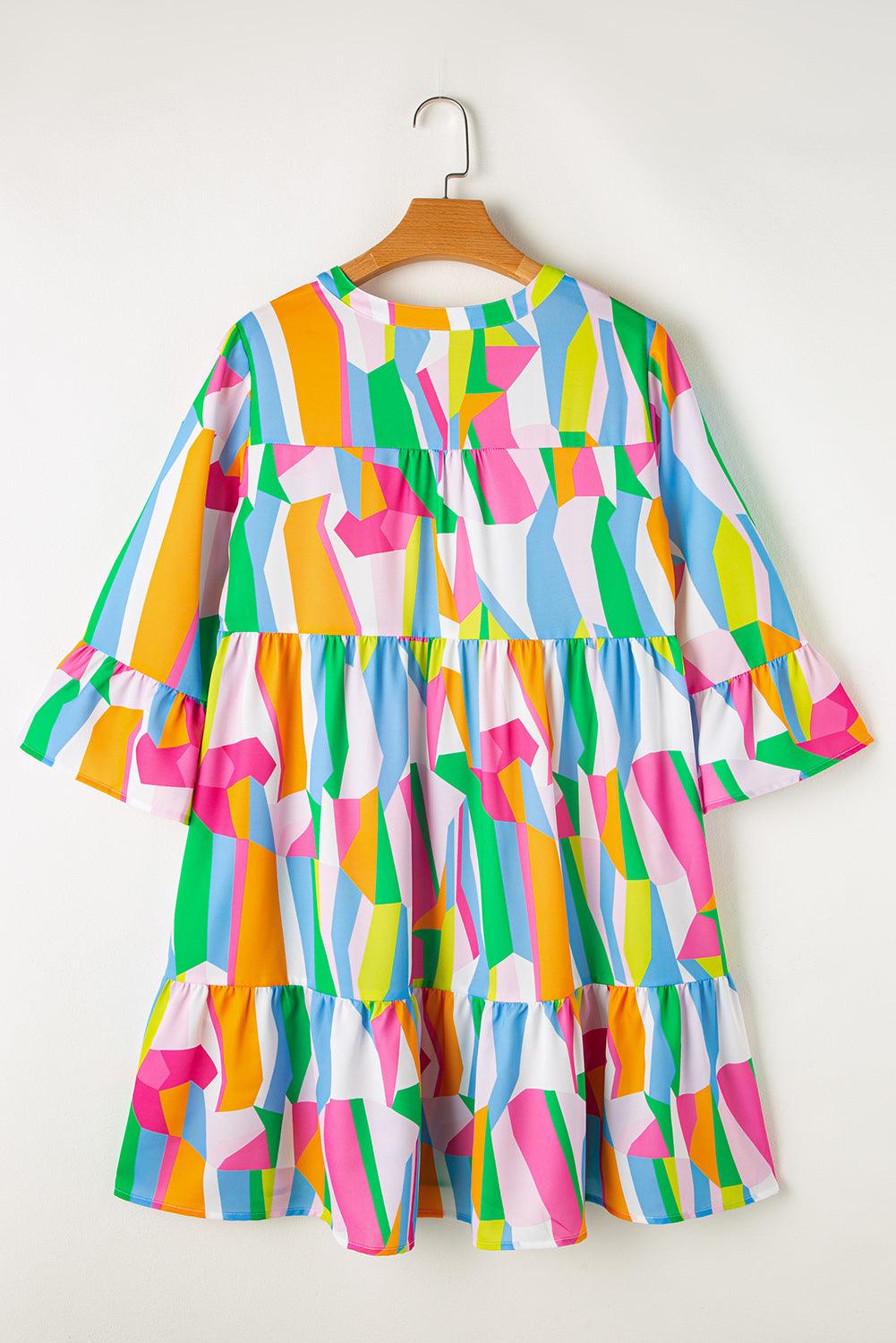 Abstracte Print Jurk met Ruches en V-Hals - Mini Dresses - Jurkjes.co