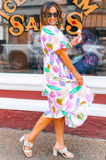 Abstracte Print Puff Mouw Midi Jurk - Midi Dresses - Jurkjes.co