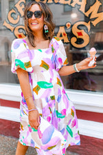 Abstracte Print Puff Mouw Midi Jurk - Midi Dresses - Jurkjes.co
