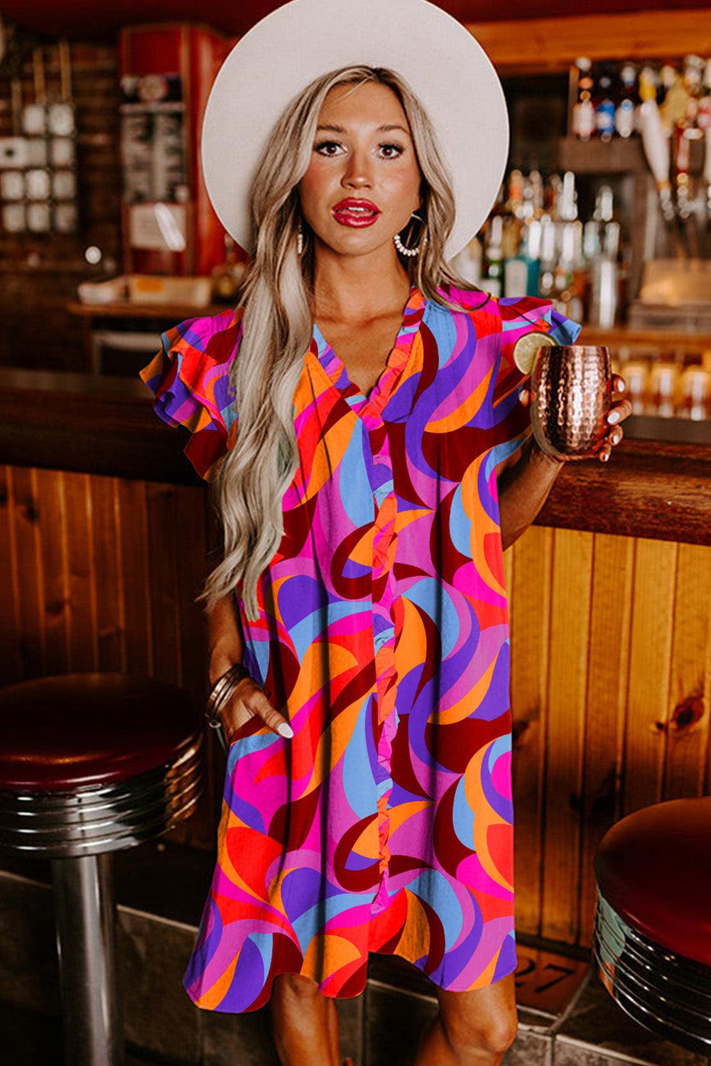 Abstracte Print Shift Jurk met Ruffle Mouw - Mini Dresses - Jurkjes.co