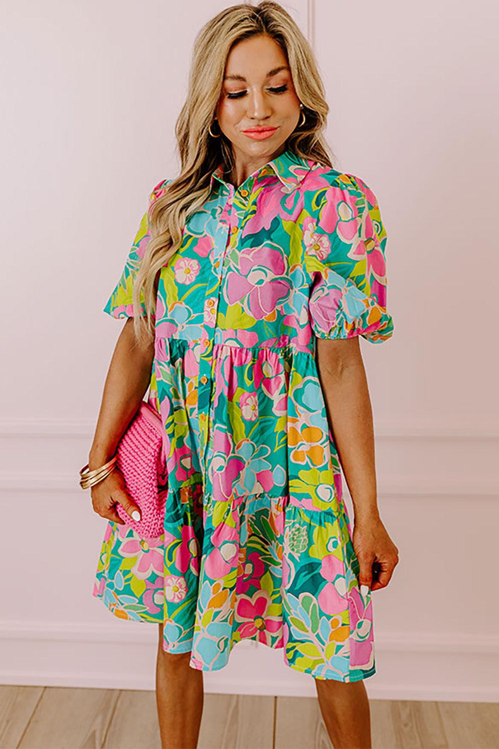 Babydoll Jurk met Kraag en Pofmouwen - Floral Dresses - Jurkjes.co
