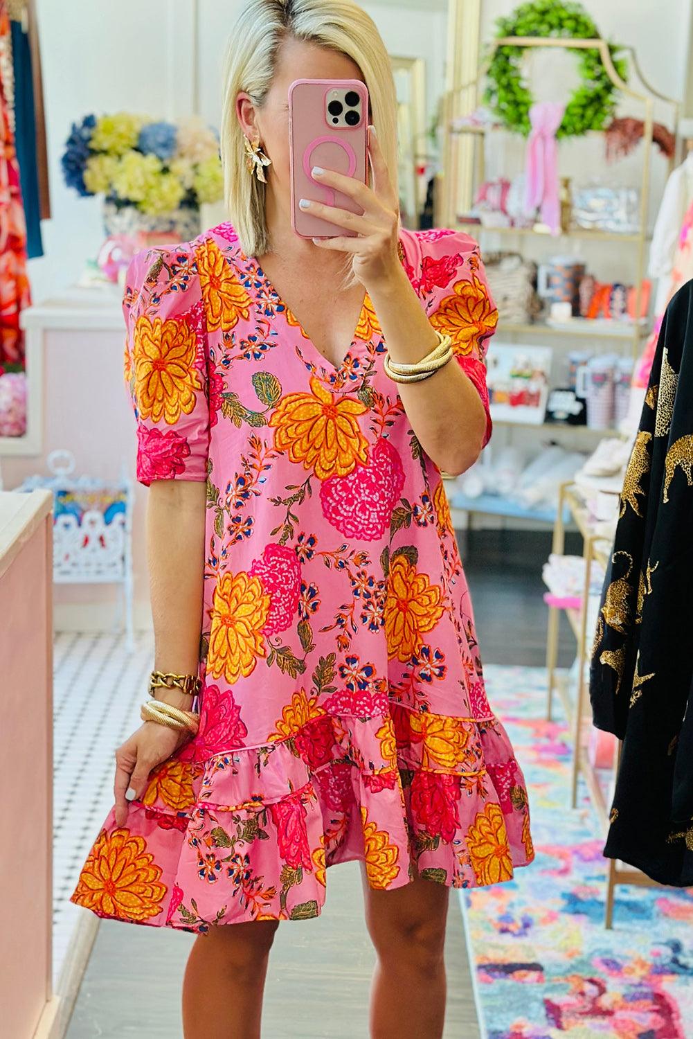 Bloemen Mini Jurk met Ruches en Pofmouwen - Floral Dresses - Jurkjes.co