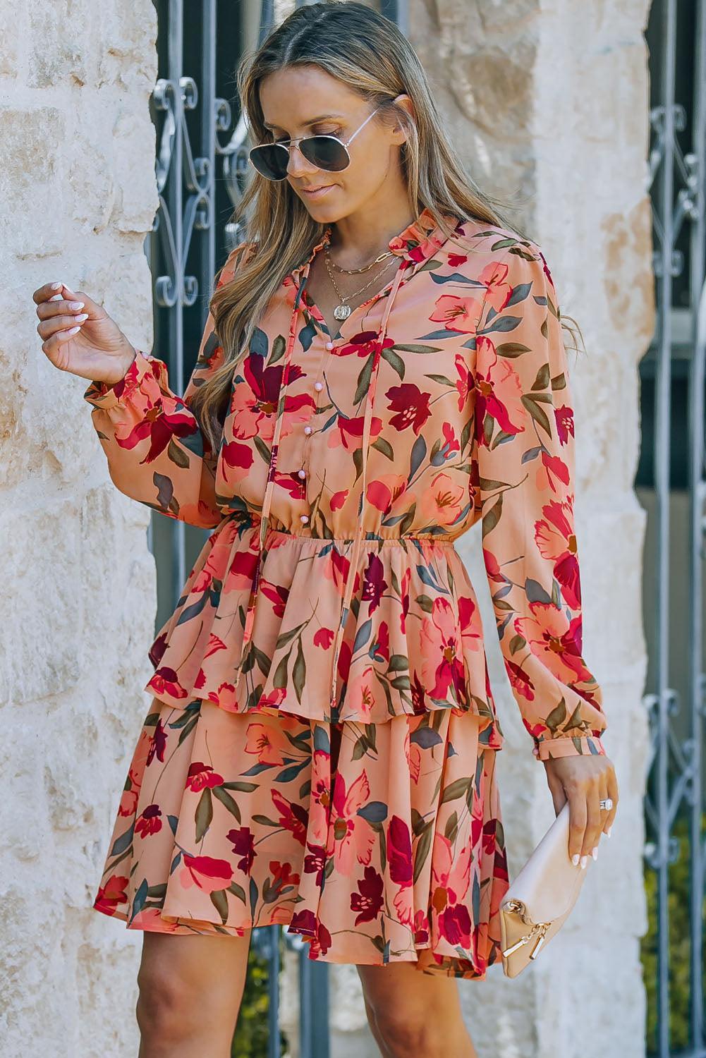 Bloemenjurk met Frivole Kraag en Lange Mouw - Floral Dresses - Jurkjes.co