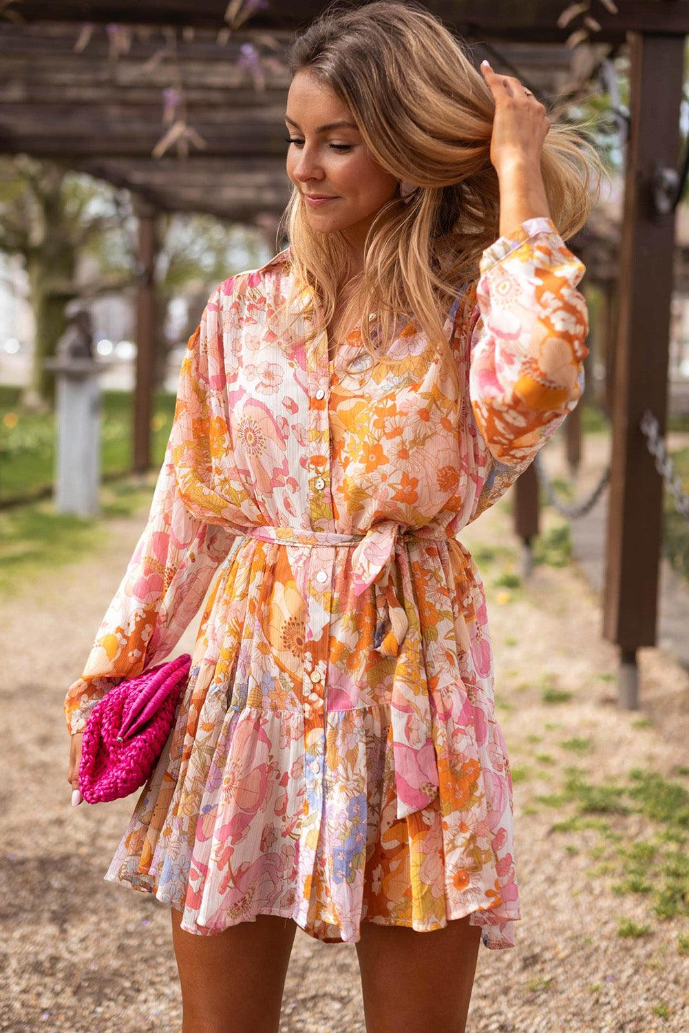 Bloemenprint Mini Jurk met Knoopsluiting en Ruches - Floral Dresses - Jurkjes.co