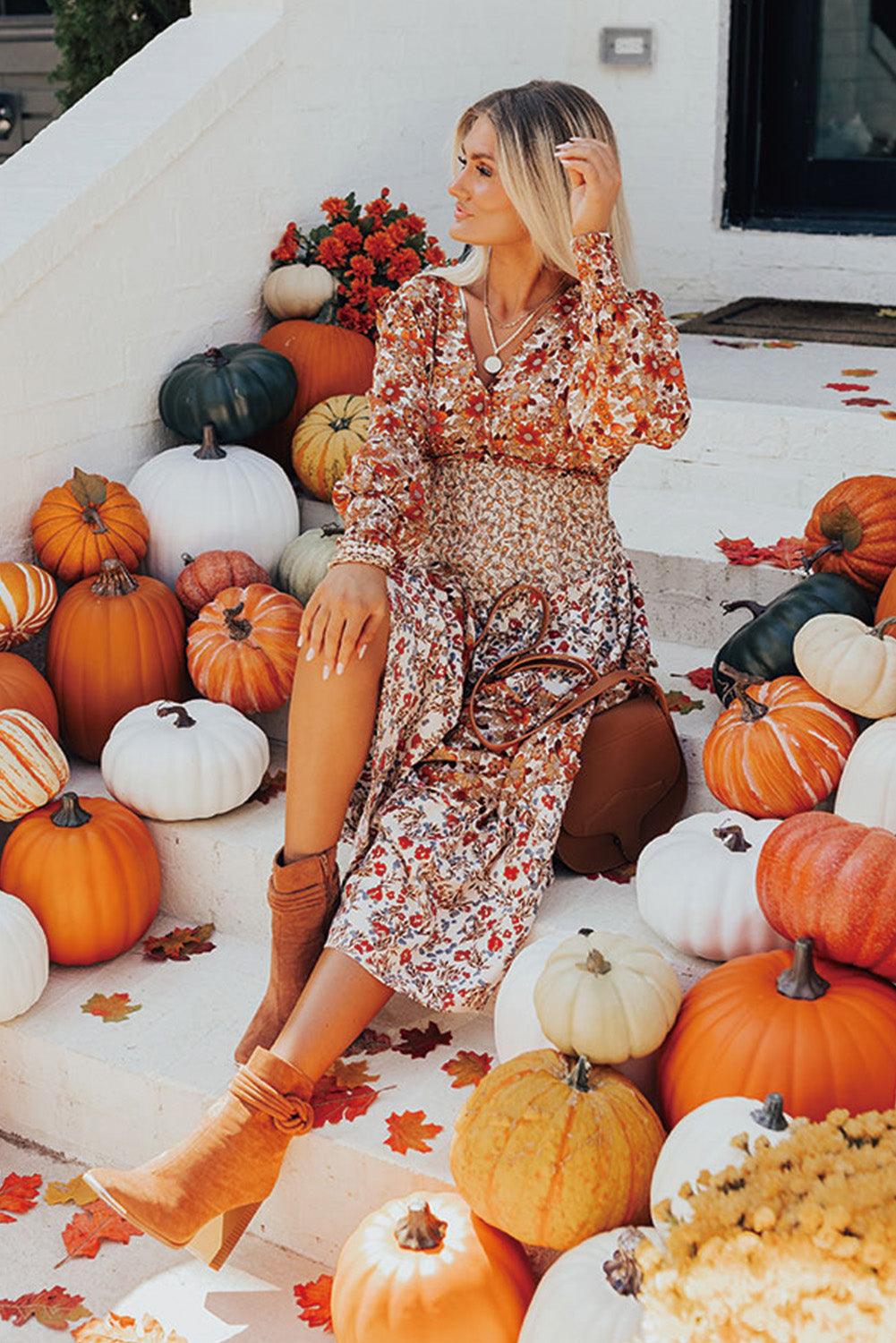 Bloemenprint Ruffle Midi Jurk met Lange Mouwen - Floral Dresses - Jurkjes.co