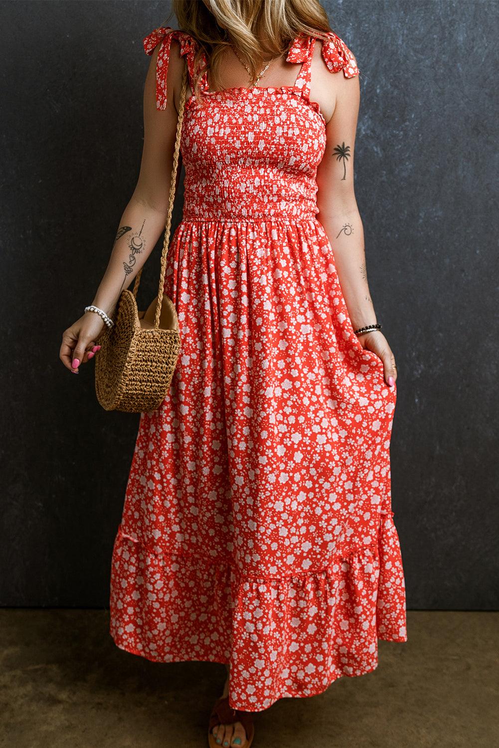 Boho Bloemenjurk met Smoklijf en Strikbanden - Maxi Dresses - Jurkjes.co