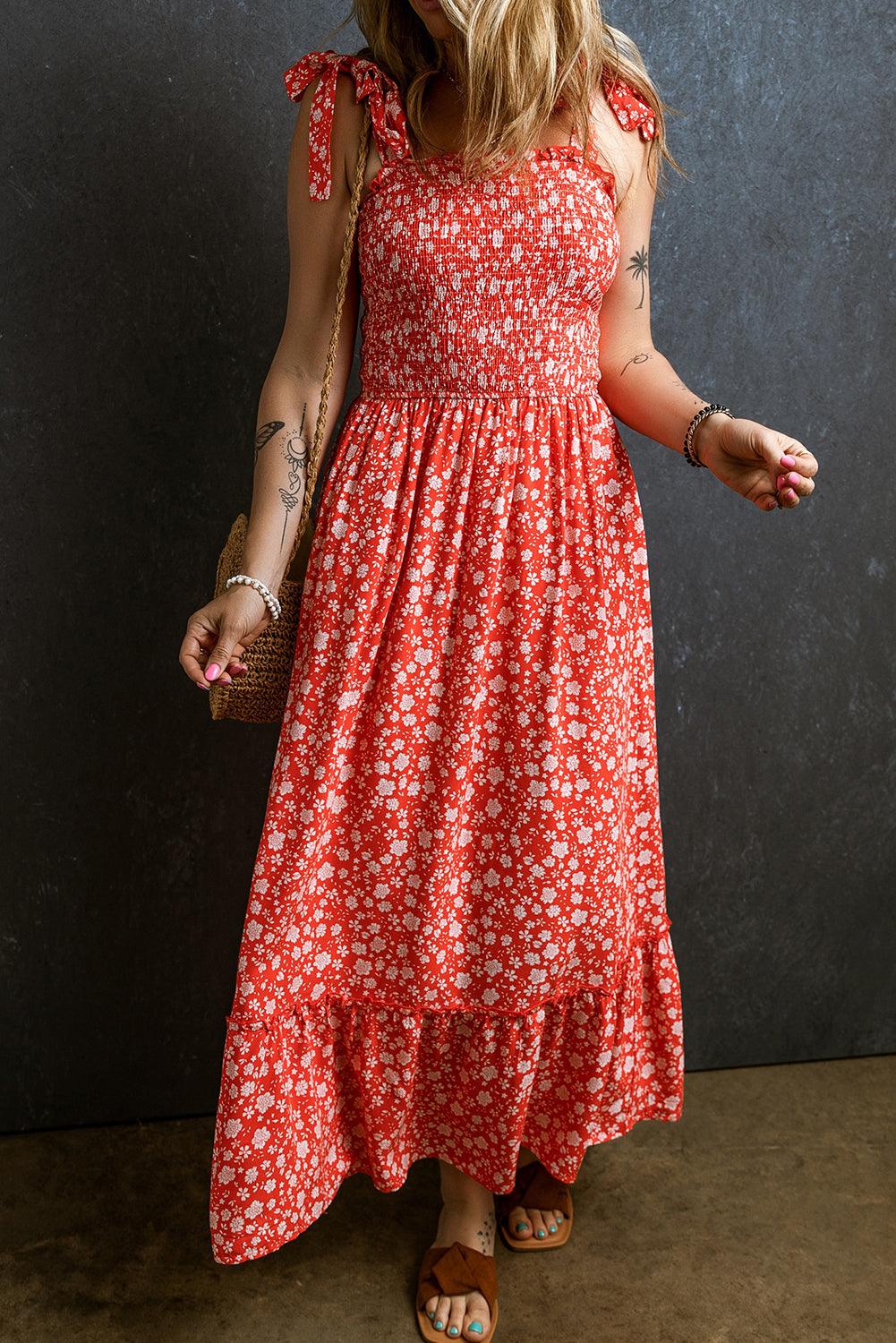 Boho Bloemenjurk met Smoklijf en Strikbanden - Maxi Dresses - Jurkjes.co