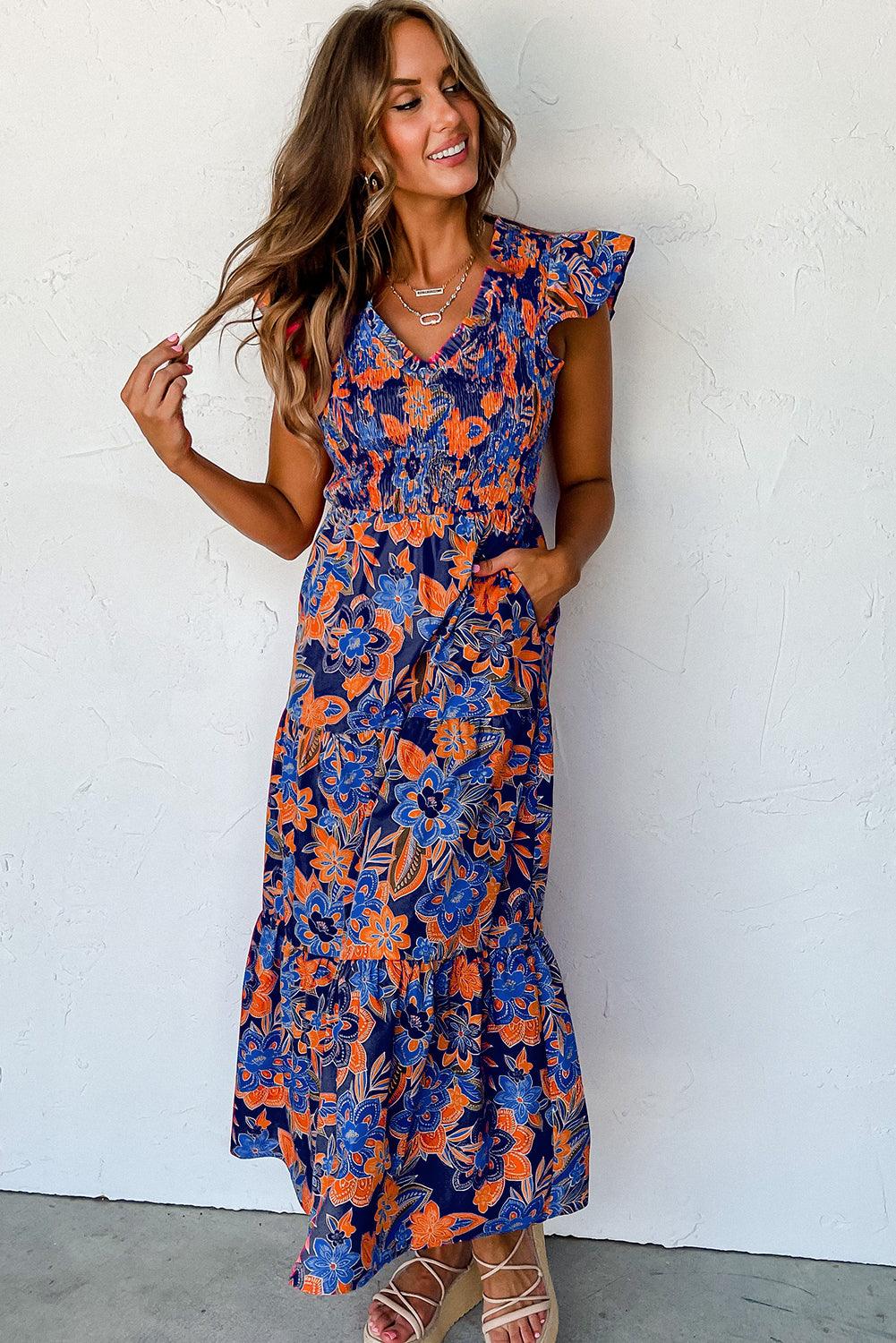 Boho Bloemenjurk met V-hals en Ruches - Maxi Dresses - Jurkjes.co