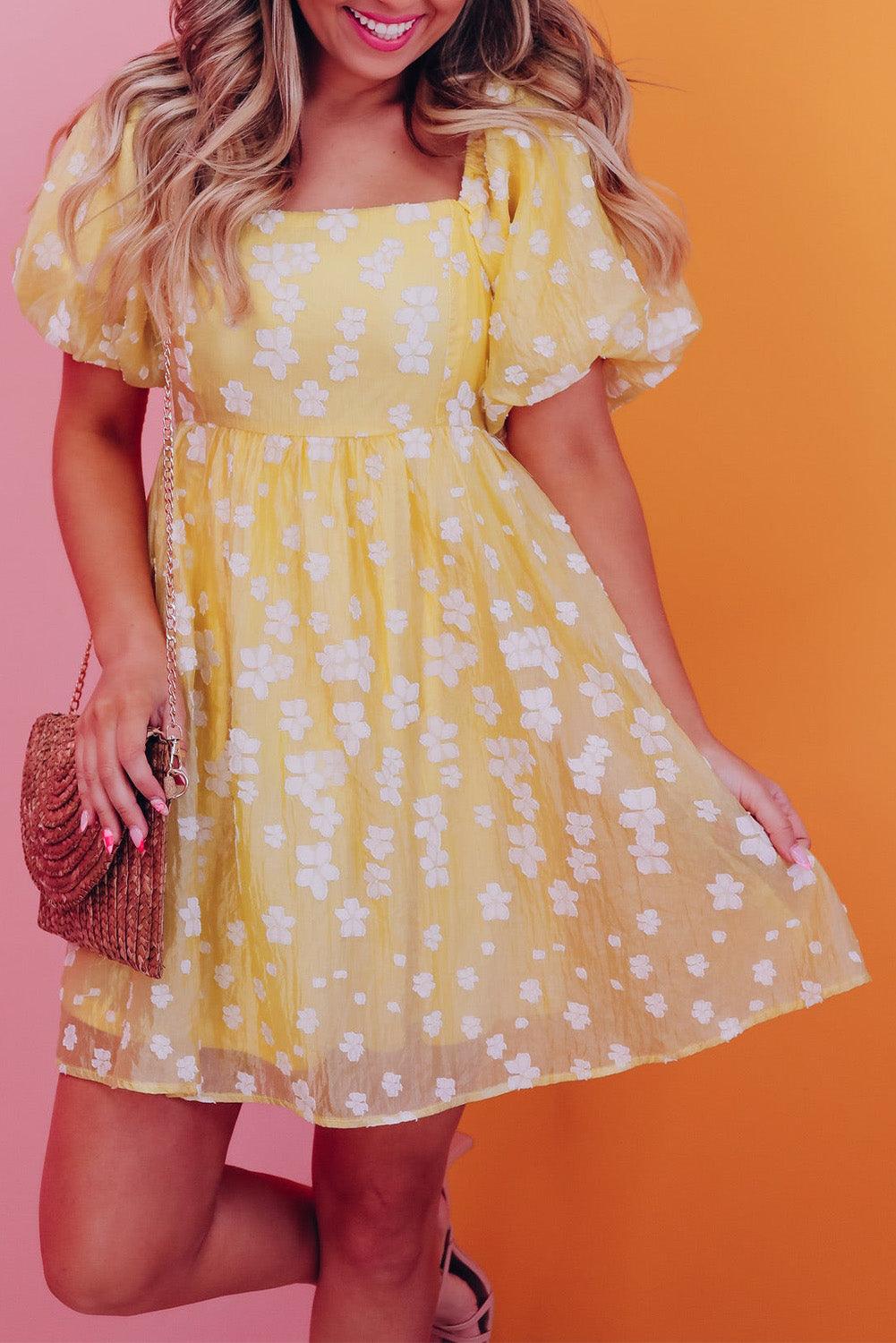 Boho Jacquard Mini-Jurk met Pofmouwen - Floral Dresses - Jurkjes.co