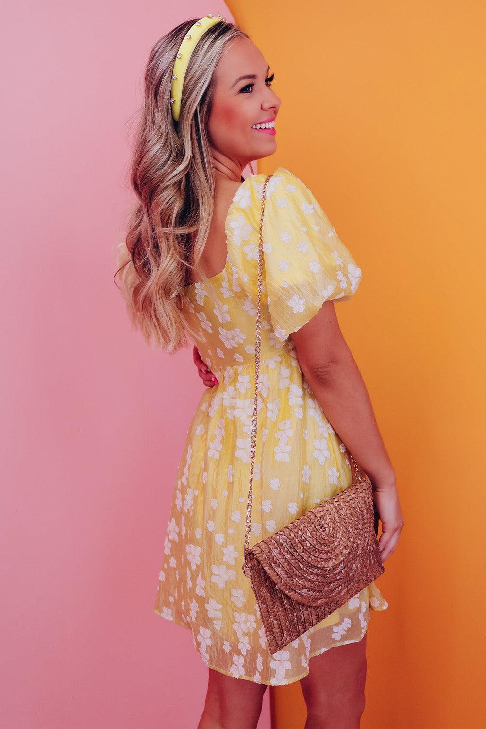 Boho Jacquard Mini-Jurk met Pofmouwen - Floral Dresses - Jurkjes.co