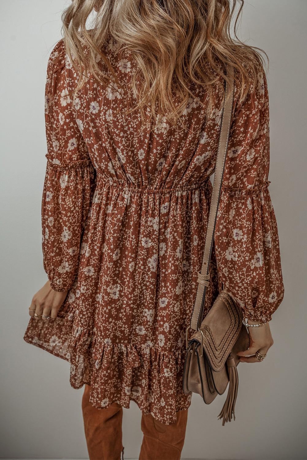 Boho Mini Jurk met Ruches en Puff Mouwen - Floral Dresses - Jurkjes.co