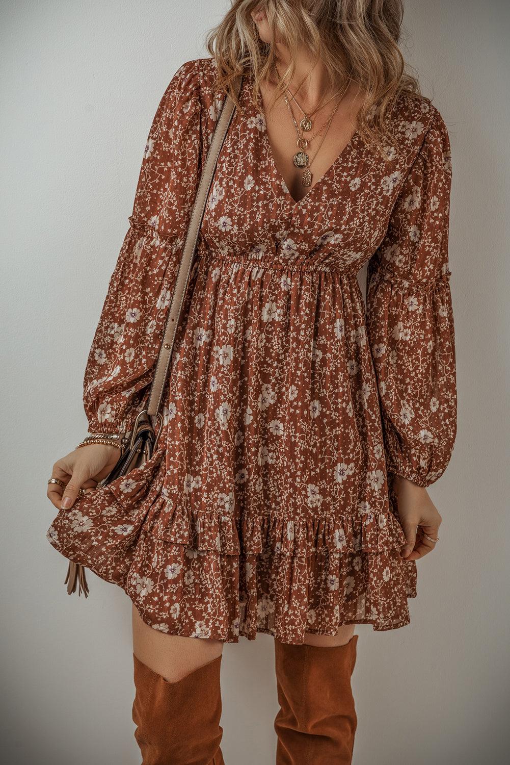Boho Mini Jurk met Ruches en Puff Mouwen - Floral Dresses - Jurkjes.co