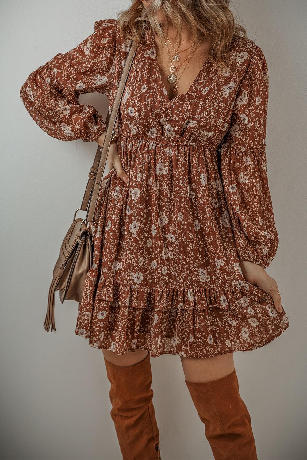Boho Mini Jurk met Ruches en Puff Mouwen - Floral Dresses - Jurkjes.co