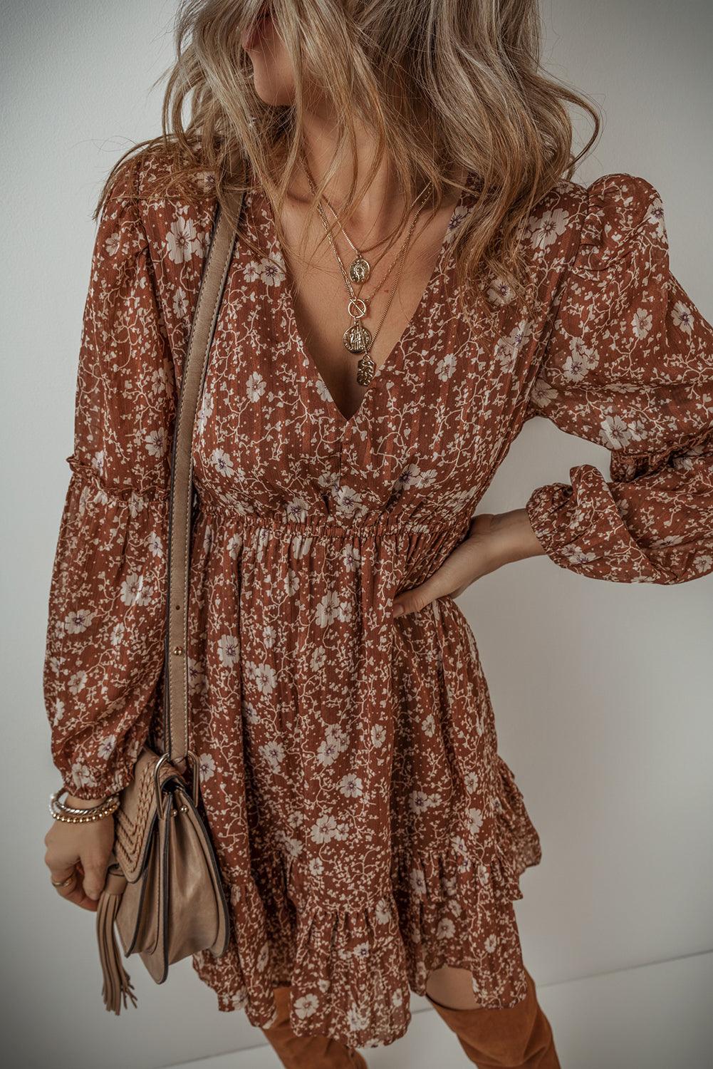 Boho Mini Jurk met Ruches en Puff Mouwen - Floral Dresses - Jurkjes.co