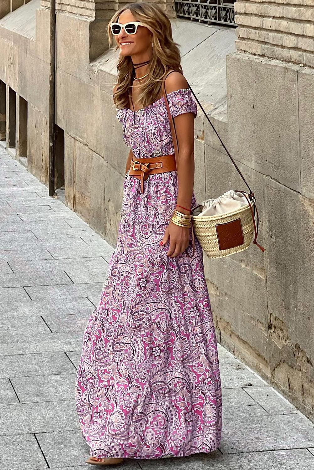 Boho Paisley Off Shoulder Maxi Jurk - Floral Dresses - Jurkjes.co
