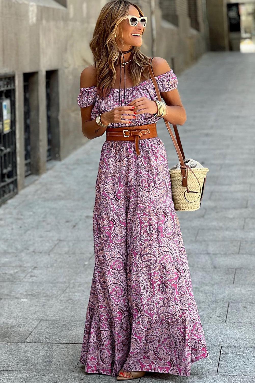 Boho Paisley Off Shoulder Maxi Jurk - Floral Dresses - Jurkjes.co