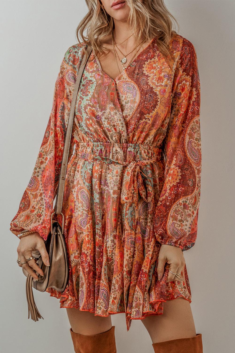 Boho Paisley Print Mini Jurk met Lange Mouwen - Mini Dresses - Jurkjes.co