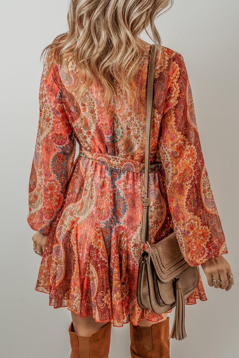 Boho Paisley Print Mini Jurk met Lange Mouwen - Mini Dresses - Jurkjes.co