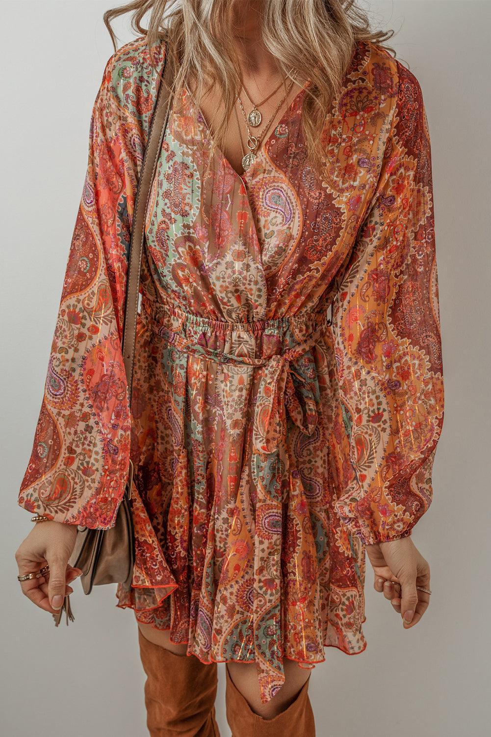 Boho Paisley Print Mini Jurk met Lange Mouwen - Mini Dresses - Jurkjes.co