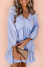 Chambray Mini Jurk met Pofmouwen en Ruches - Mini Dresses - Jurkjes.co
