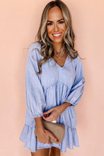Chambray Mini Jurk met Pofmouwen en Ruches - Mini Dresses - Jurkjes.co