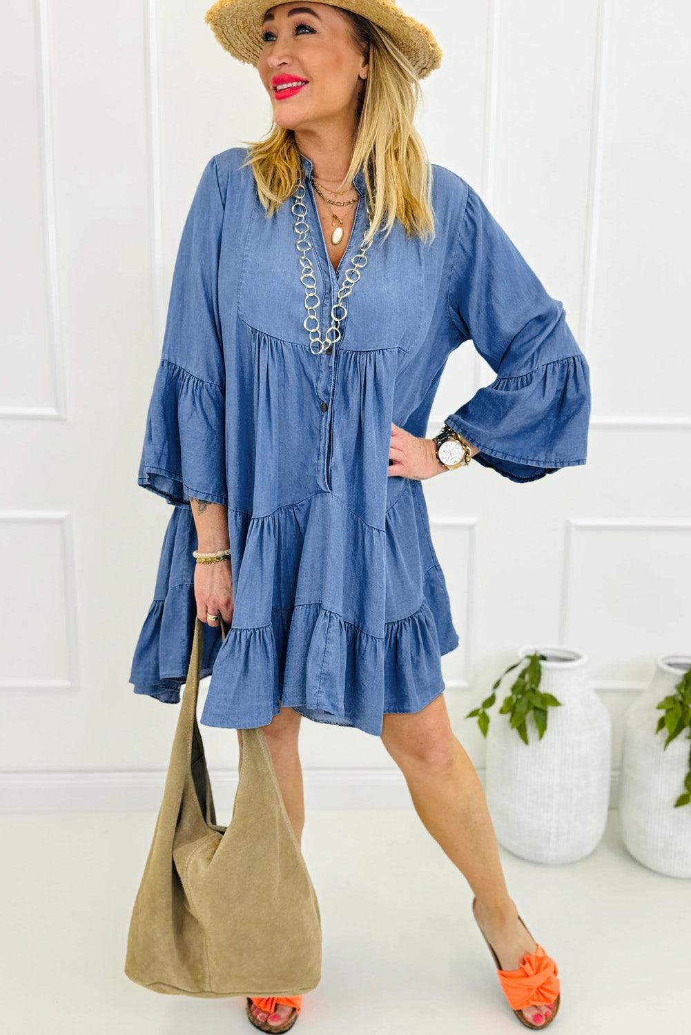 Chambray Ruffle Jurk met 3/4 Mouw en V-Hals - Mini Dresses - Jurkjes.co