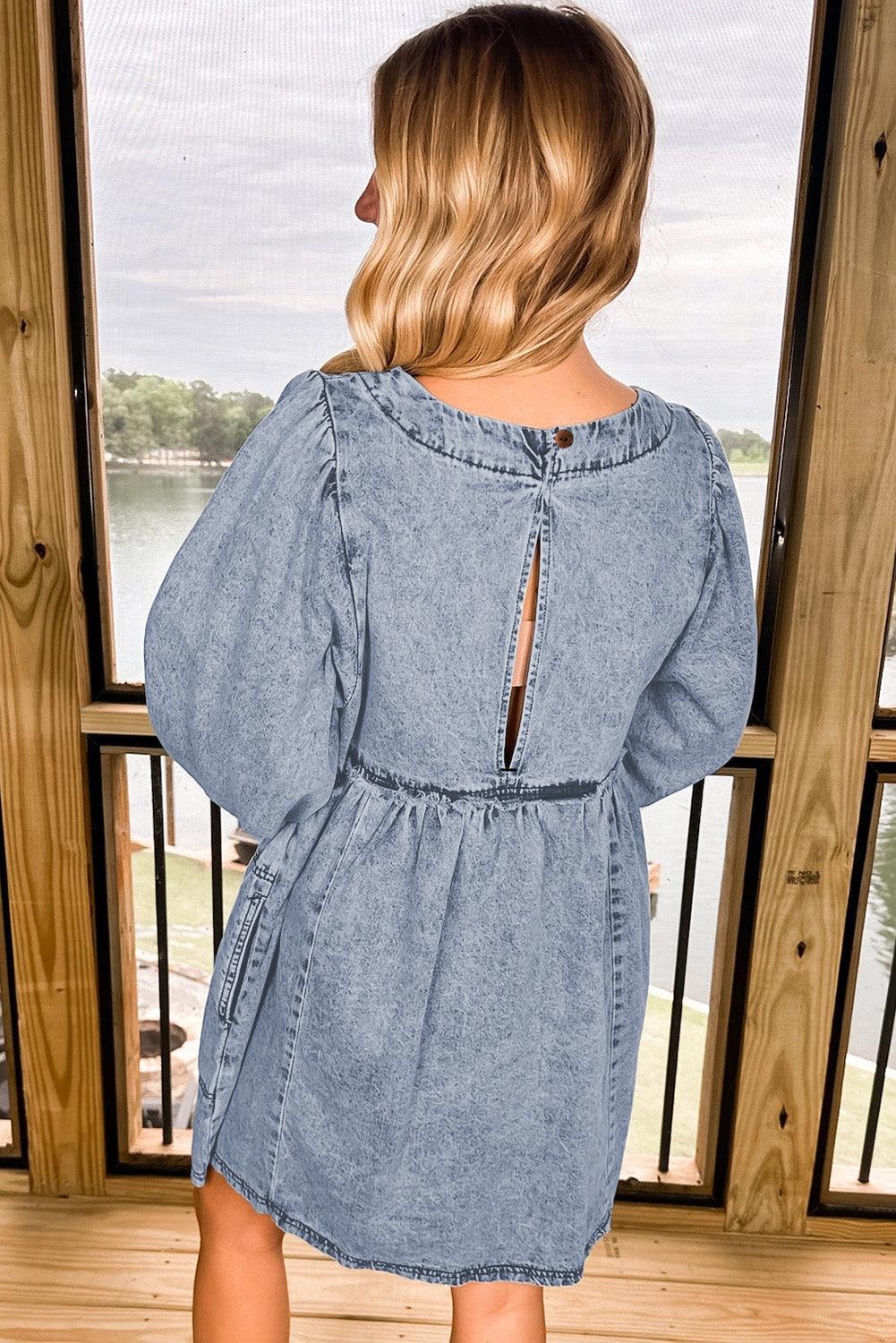 Denim Mini Jurk Hoge Taille en Losse Pasvorm - Mini Dresses - Jurkjes.co