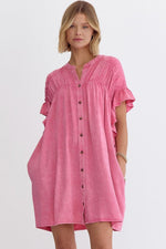 Denim Mini Jurk met Knopen en Korte Ruches Mouw - Mini Dresses - Jurkjes.co