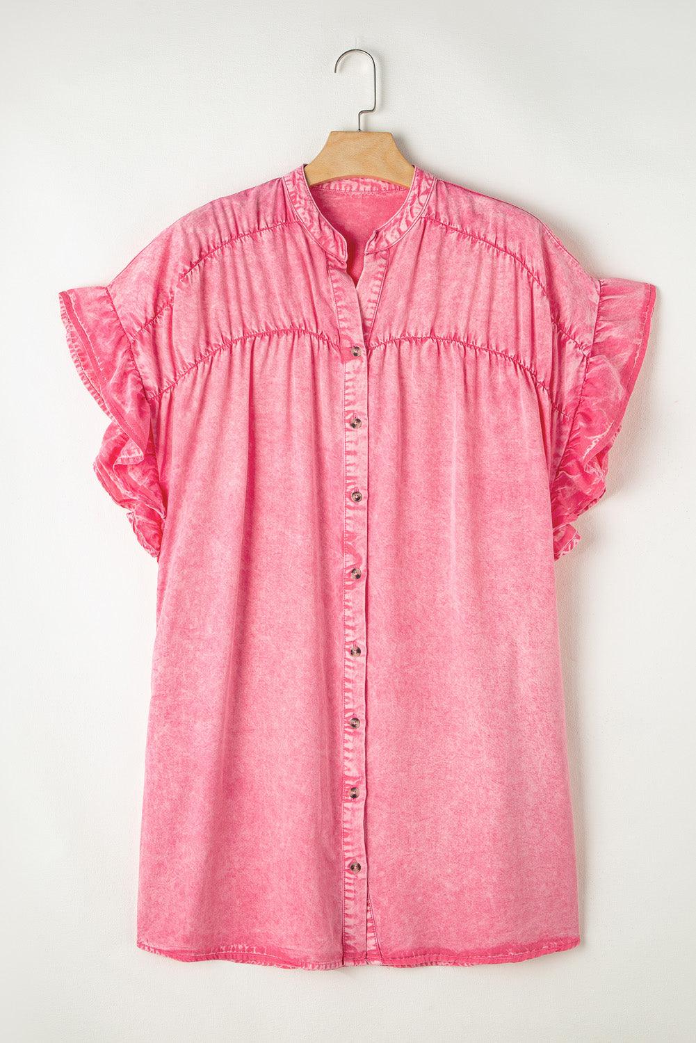 Denim Mini Jurk met Knopen en Korte Ruches Mouw - Mini Dresses - Jurkjes.co