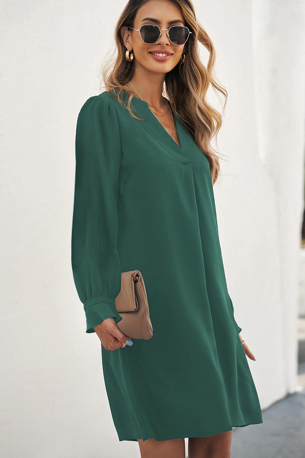 Diepe V-Hals Mini Jurk met Ruche Mouw - Mini Dresses - Jurkjes.co