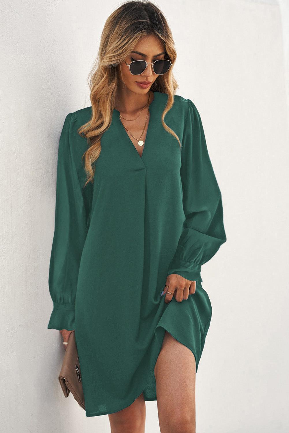 Diepe V-Hals Mini Jurk met Ruche Mouw - Mini Dresses - Jurkjes.co