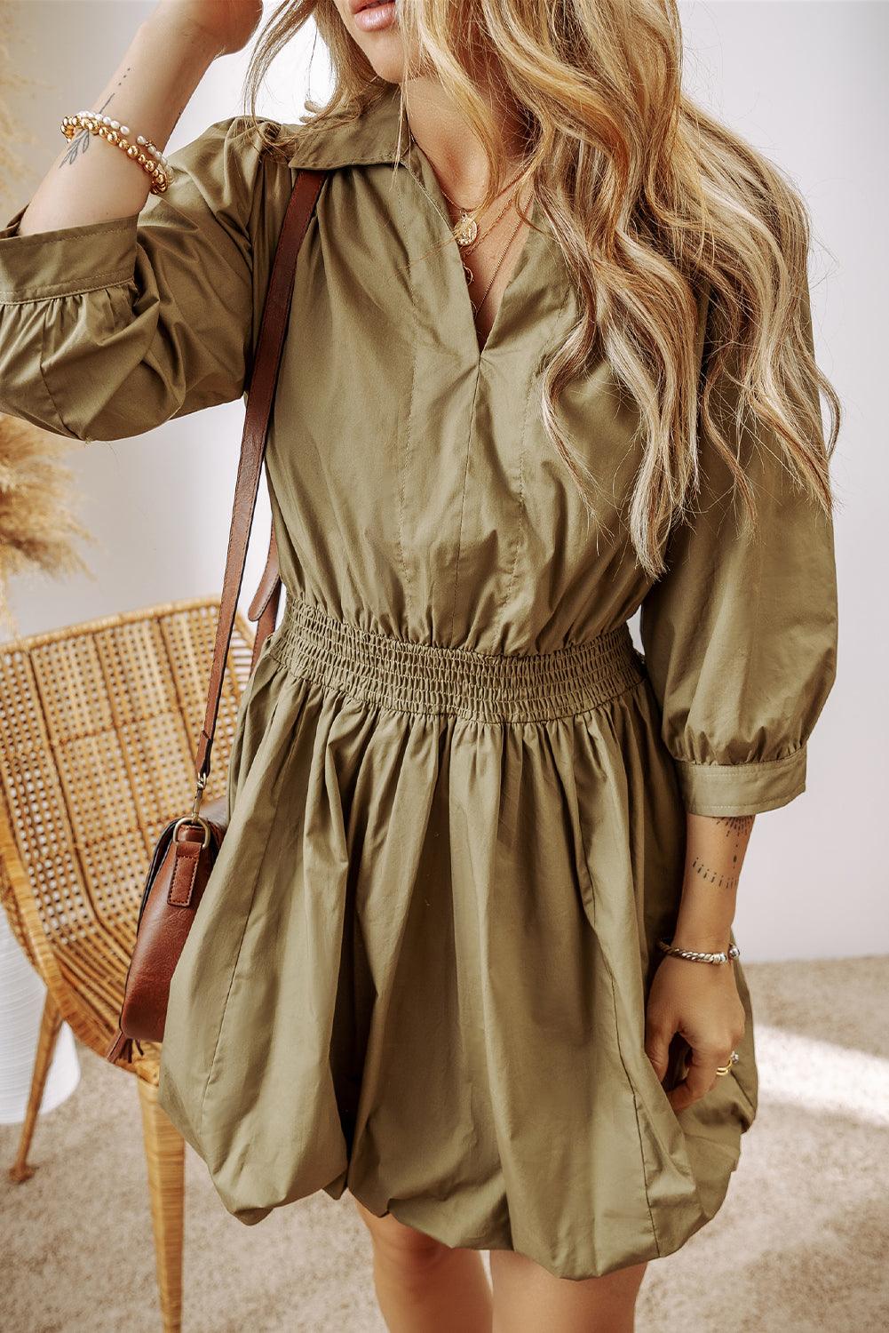 Elegante Gesmokte Mini Jurk met Kraag - Mini Dresses - Jurkjes.co