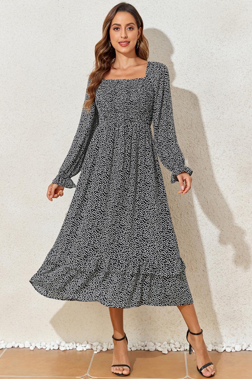 Elegante Midi Jurk met Bloemenprint en Lange Mouwen - Floral Dresses - Jurkjes.co