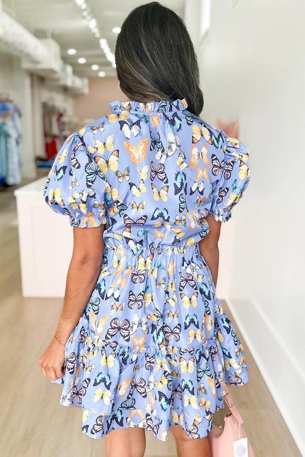 Elegante Vlinderprint Jurk met Pofmouwen - Mini Dresses - Jurkjes.co