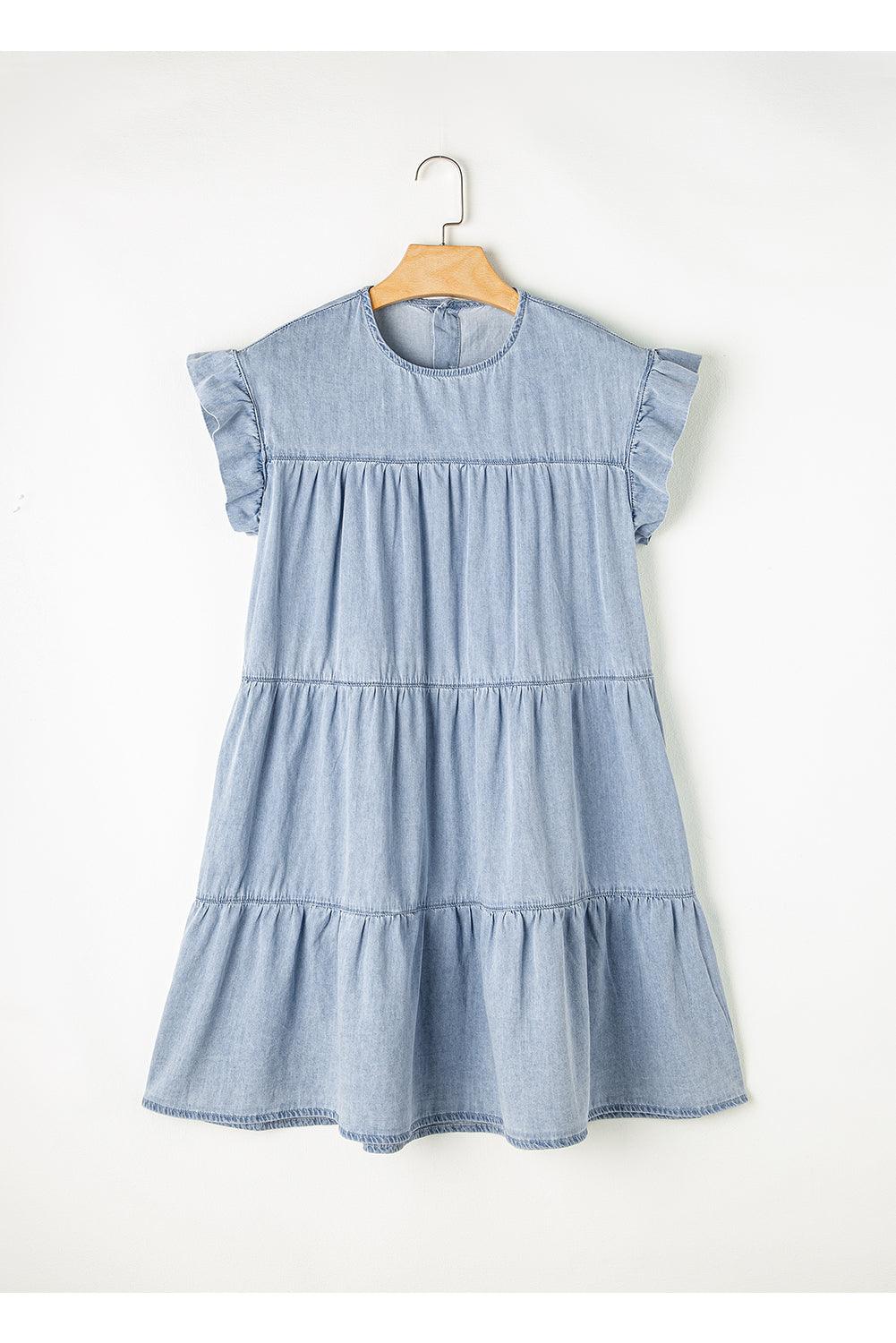 Gelaagde A-lijn Denim Jurk met Korte Mouw - Mini Dresses - Jurkjes.co