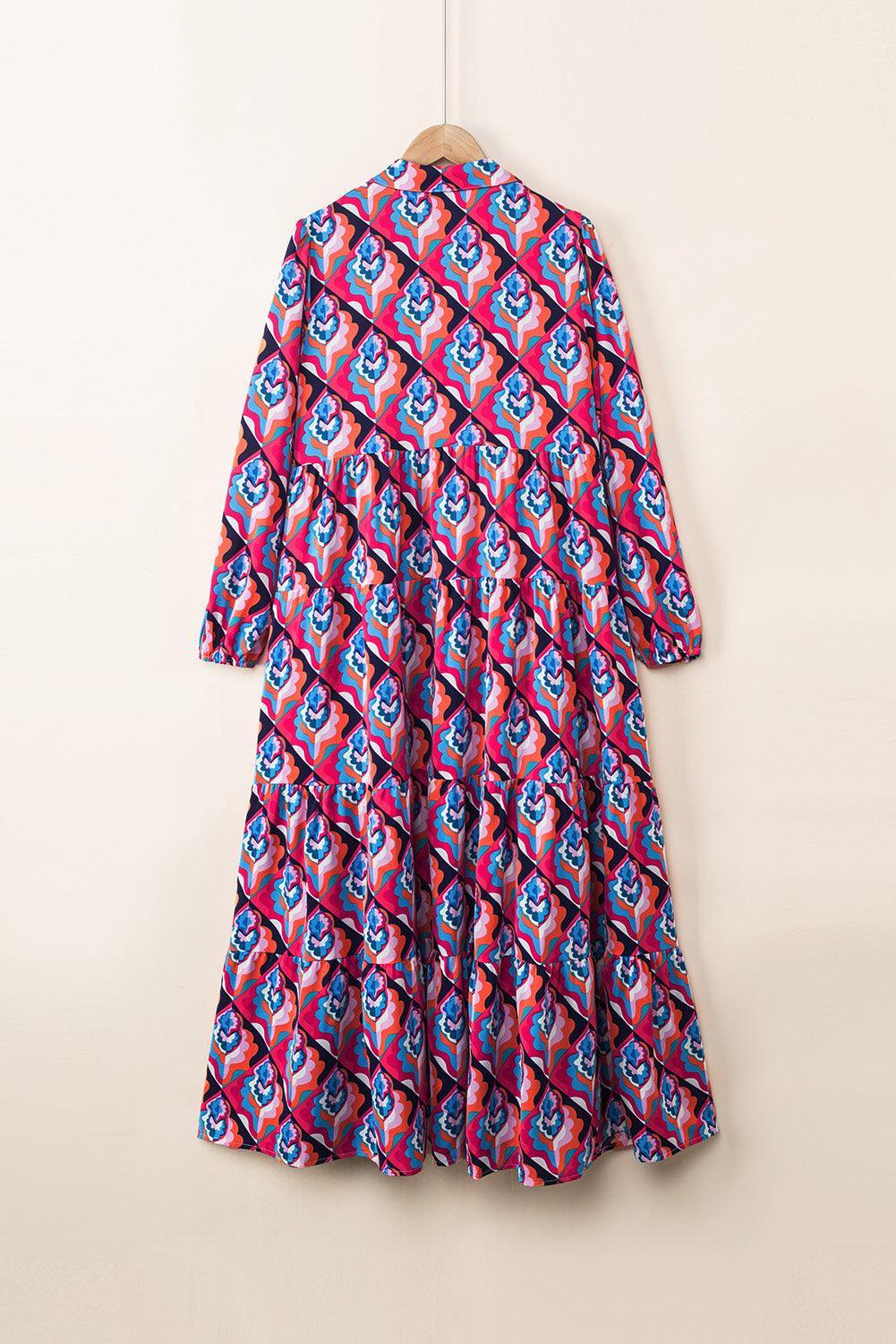 Geometrische Print Jurk met Lange Mouwen - Maxi Dresses - Jurkjes.co