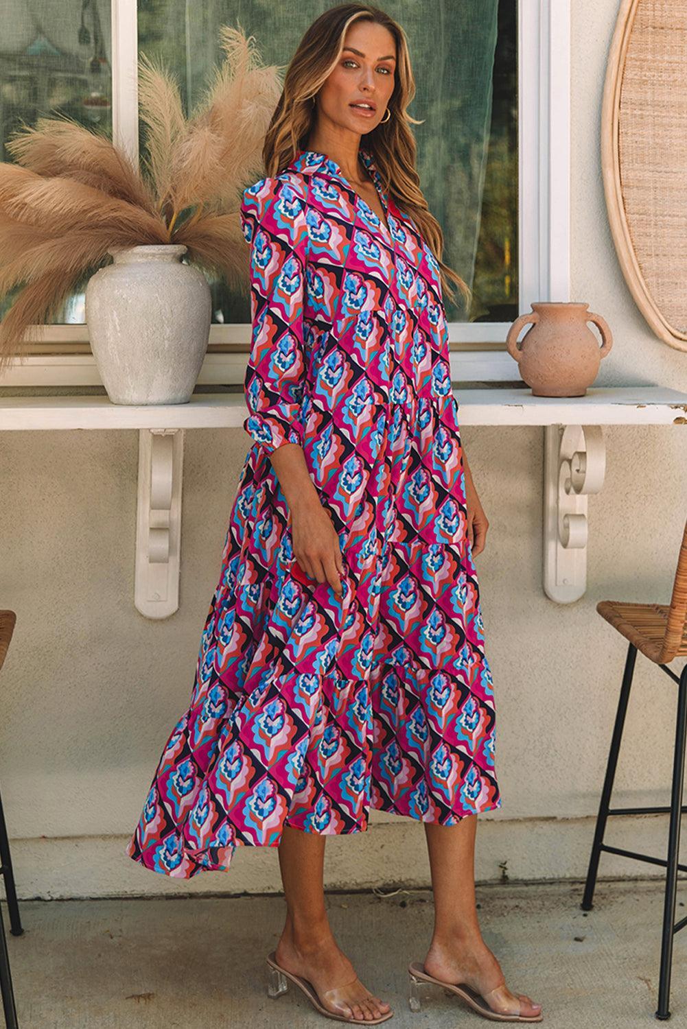 Geometrische Print Jurk met Lange Mouwen - Maxi Dresses - Jurkjes.co