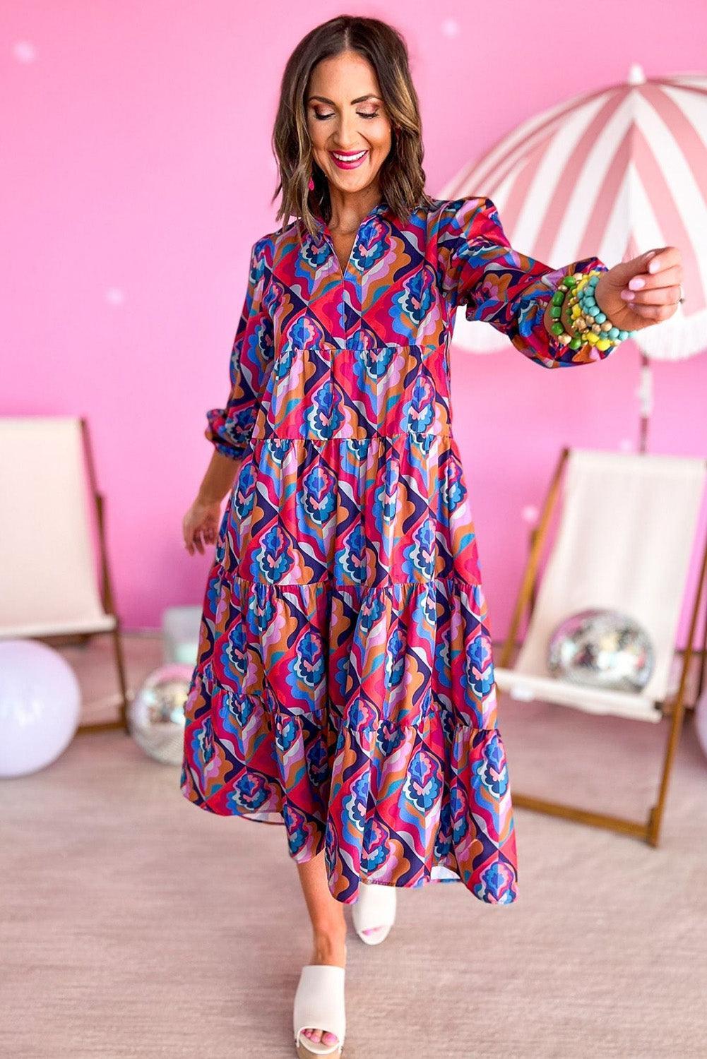 Geometrische Print Jurk met Lange Mouwen - Maxi Dresses - Jurkjes.co
