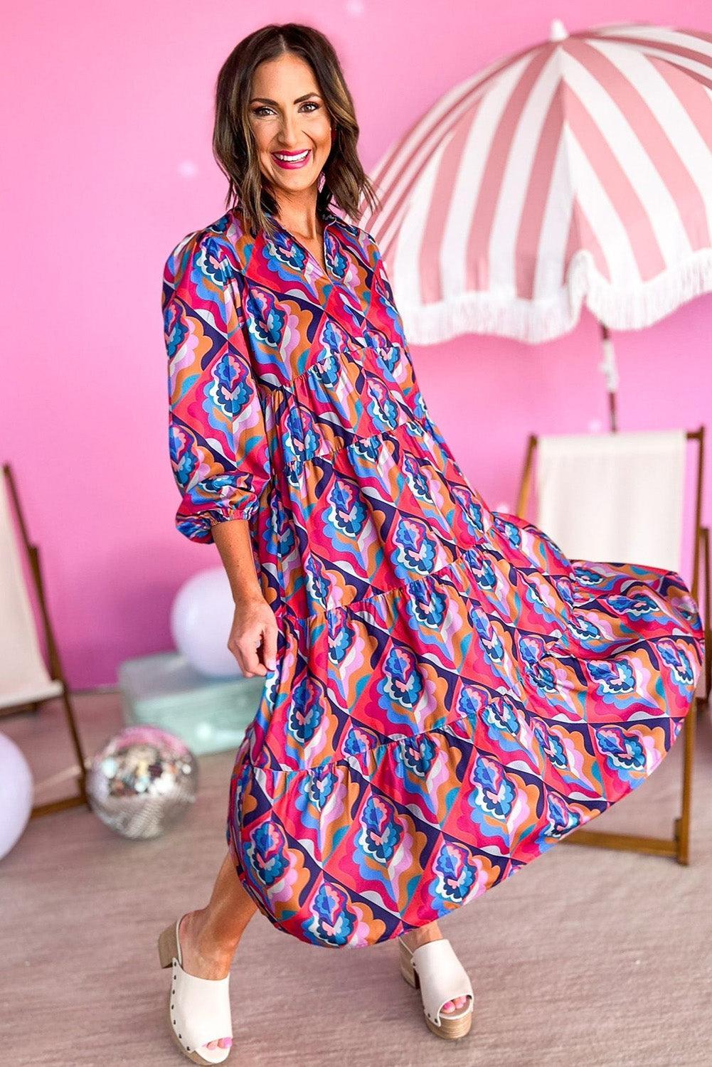 Geometrische Print Jurk met Lange Mouwen - Maxi Dresses - Jurkjes.co